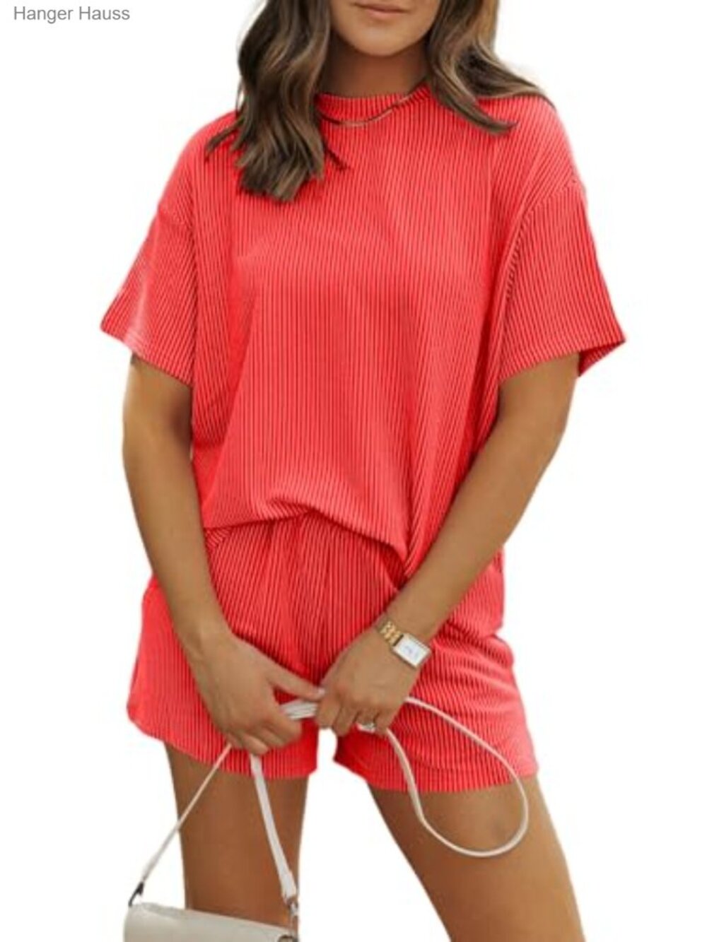 Women 2 Piece Short Set with Vertical Ribbed Knit Summer Outfits
